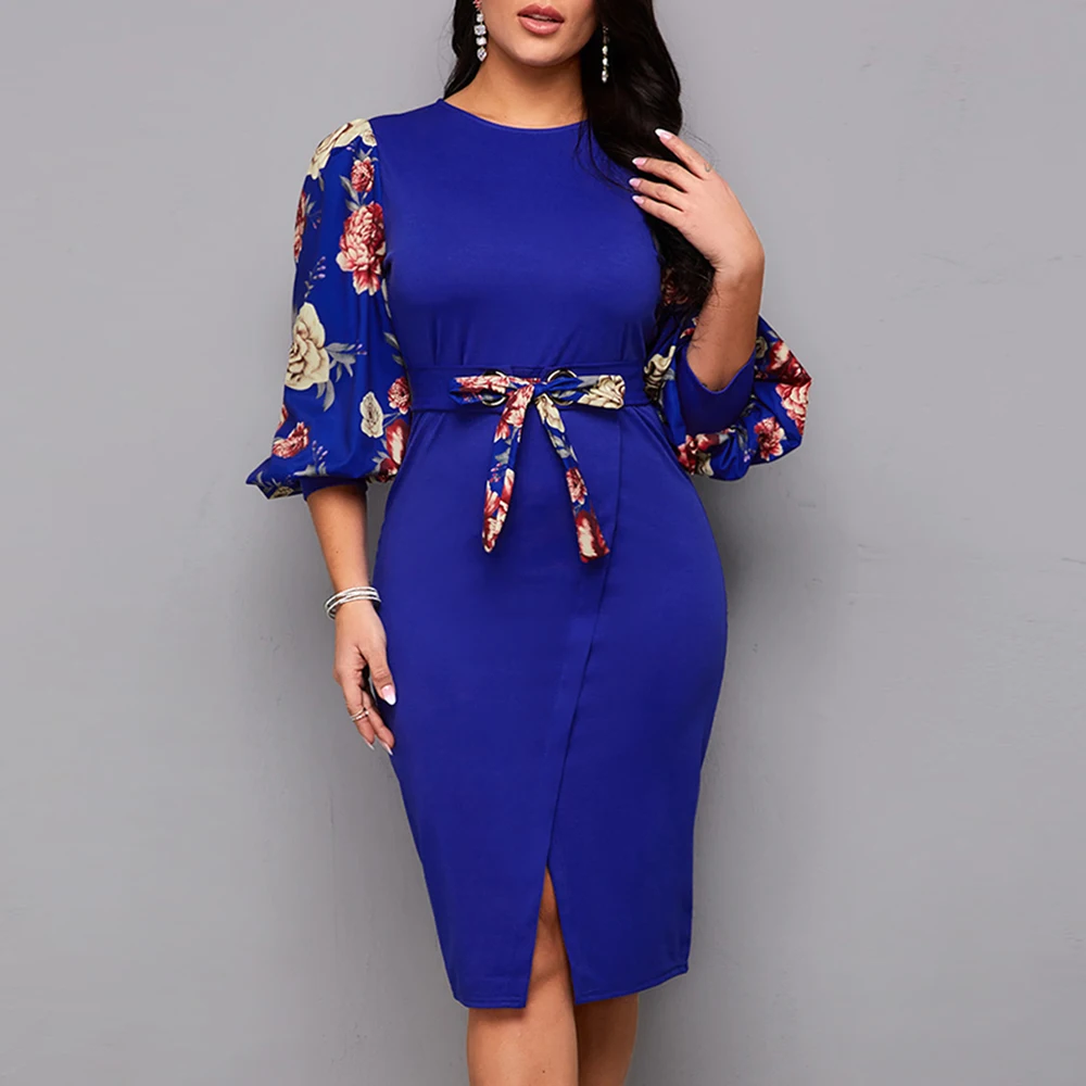 

Blue Bodycon Dresses for Women 2021 Elegant Lantern Sleeve Summer Dress Floral Print Evening Party Dress African Ladies Clothing