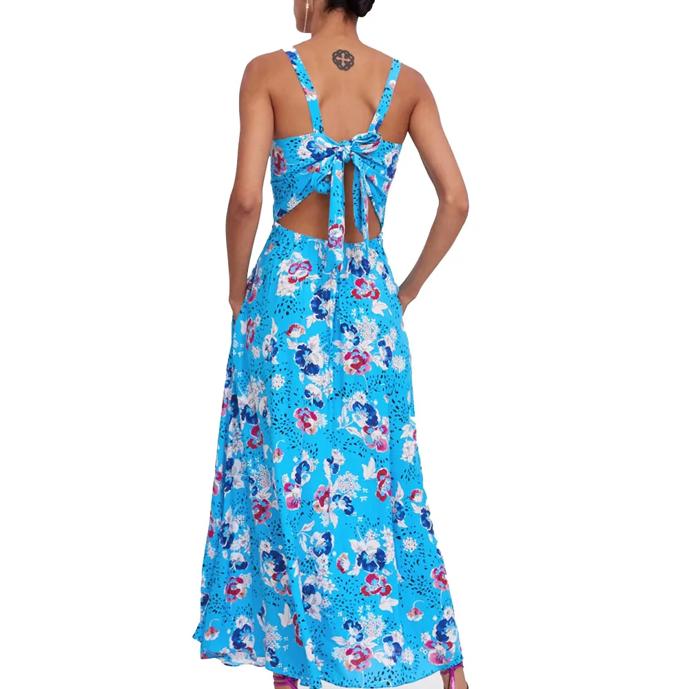 ZA Новое весеннее женское синее Цветочное платье с тонкими бретельками до