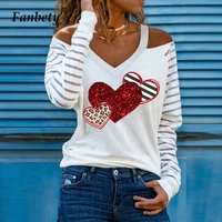 women vintage heart print cold shoulder blouse shirts 2021 spring casual long sleeve pullover tops ladies sexy v neck blusa 3xl