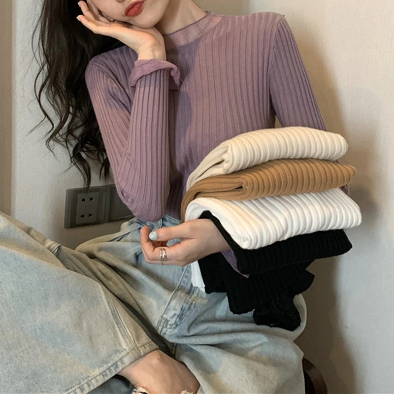 

Женская блузка с длинным рукавом, однотонный облегающий свитер с кружевной сеткой в стиле пэчворк, весна 2021