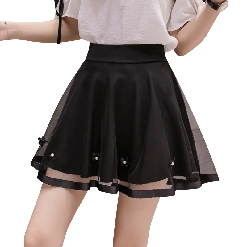 

Summer Women Elastic High Waist Mini Skirt Pleated Mesh Tutu Girl White Black Shirts School Student Jupe Saia faldas Mesh Skirt