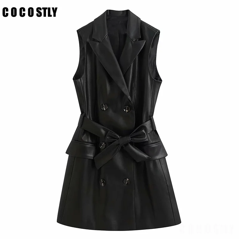 

Women 2022 Vintage Fashion PU Faux Leather Waistcoat Double Breasted With Belt Pockets Female Outerwear Chic Tops
