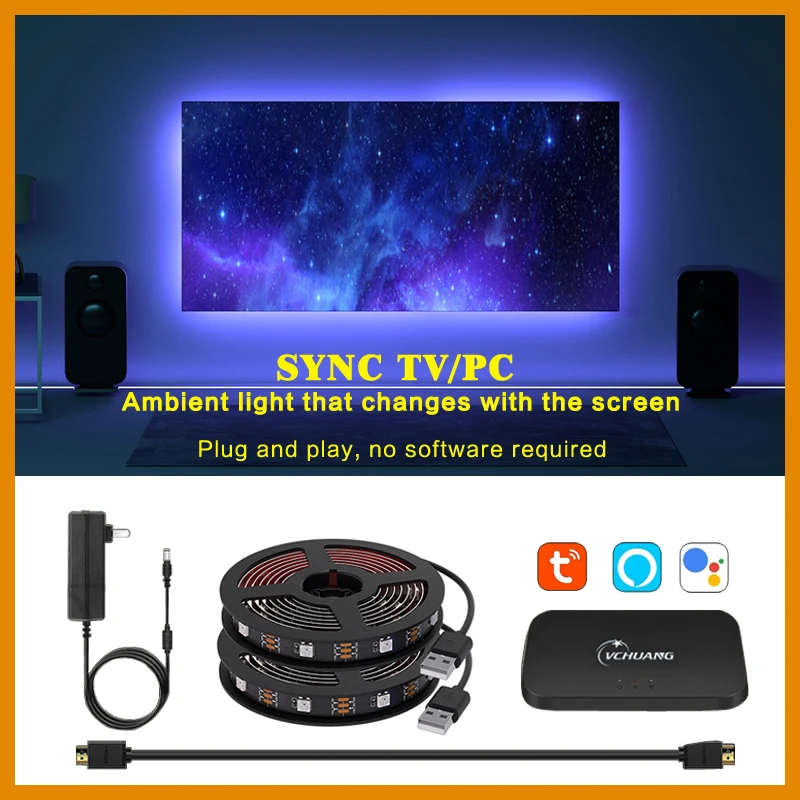 

Ambient TV PC Backlight Kit HDMI Sync Screen Color LED Strip Light Works with Tuya WiFi Alexa Google Control HDTV Computer Xbox