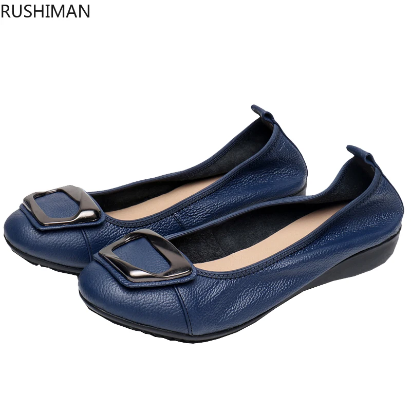 

RUSHIMAN Mother's shoes comfortable soft sole leather flat bottom casual round head single shoes beanie shoes size 35-43