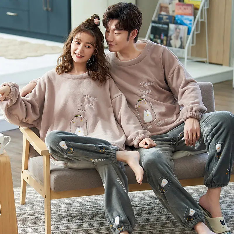 New Fall and Winter Couples Pajamas Coral Velvet Korean Version of The Student Cute Thickened Facecloth Loungewear Suit Pajamas
