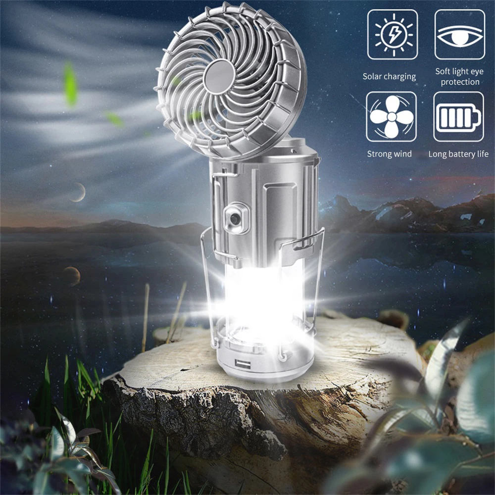 

Solar Charge Outdoor LED Camping Lantern With Fan Multi-function Portable Solar Rechargeable Energy Saving Light