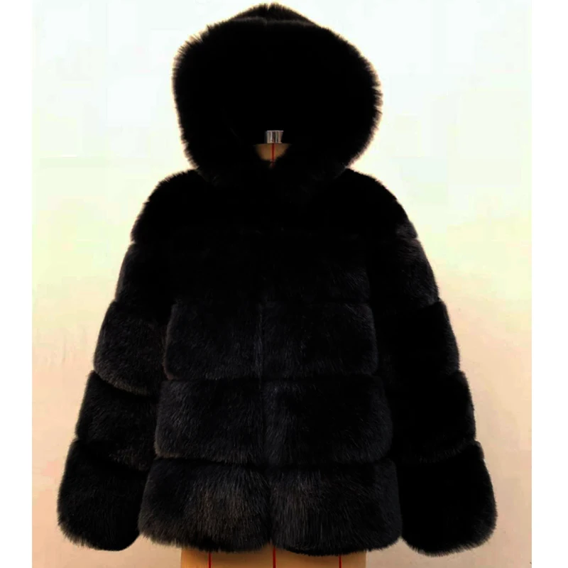 

Winter Thick Faux Fur Coat Women Hooded Full with Fur Trim Hood Fluffy Warm Coat Women Plus Size Wide-waisted Fashion