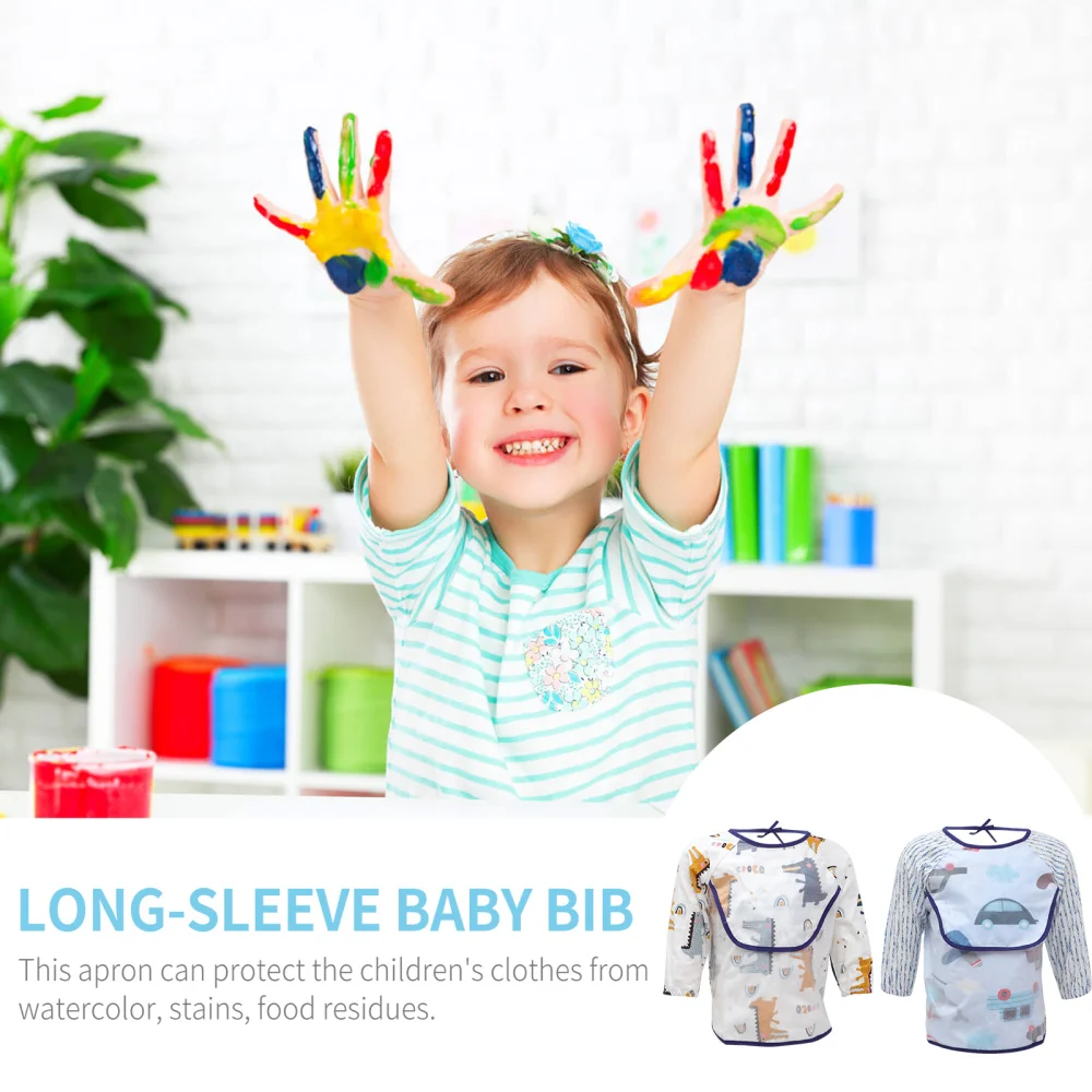 

2pcs Baby Long Sleeve Bib Adorable Cartoon Toddler Dining Bib Waterproof Apron