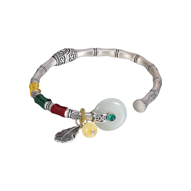 SA SILVERAGE S925 Sterling Silver Hetian Jade Retro Personality Safety Clasp Hand Woven Rope Women's Open Bracelet Bracelet