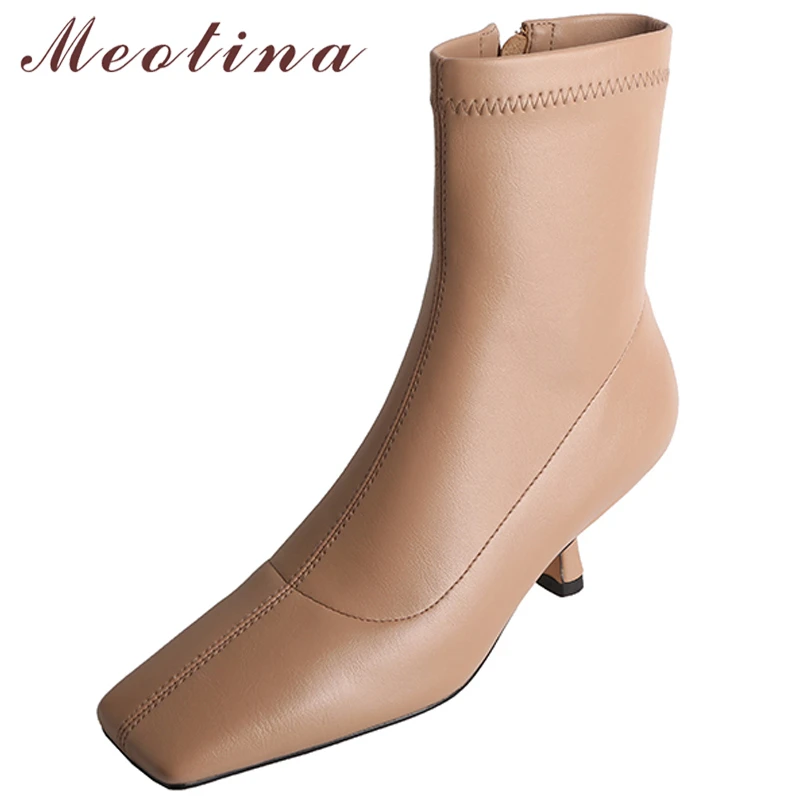 

Meotina Women Shoes Ankle Boots Thin High Heel Boots Square Toe Zipper Fashion Ladies Boots Autumn Winter Apricot Black White 41