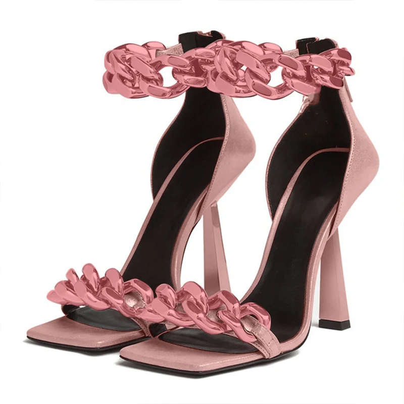 

Ladies Fashion Thin Heels Shoes 2021 Summer New Women's Sexy Pumps Metal Chain Square Toe Cross tied Female Footwear Plus Size