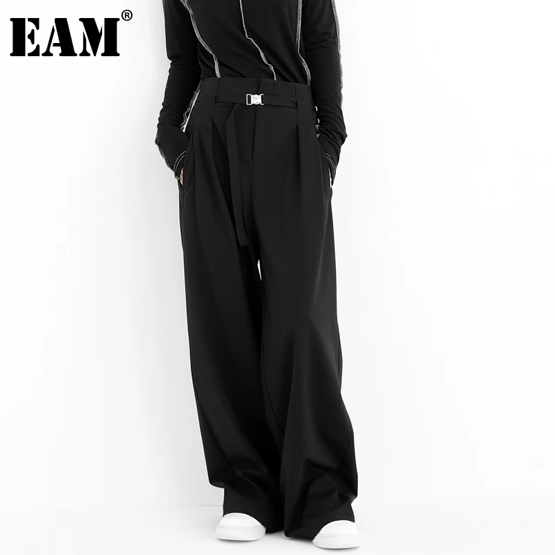 

[EAM] High Waist Black Brief Long Wide Leg Casual Trousers New Loose Fit Pants Women Fashion Tide Spring Autumn 2022 1DE3979