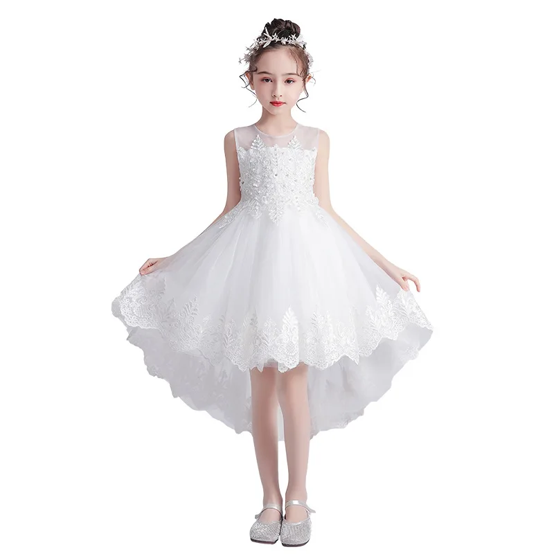 

White Flower Girl Dresses HT007 Lace Embroidery Kids Wedding Party Dress Bow Pearls Princess Gowns O-Neck Tank Flower Dress 202