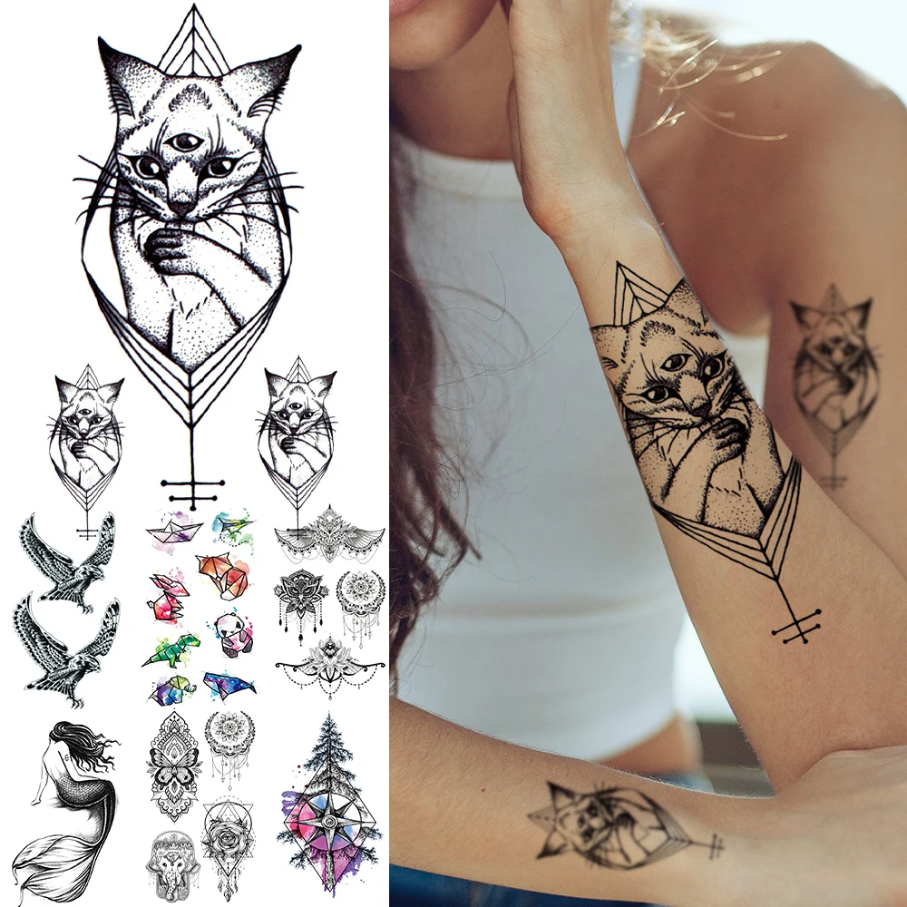 

Geometric Cat Realistic Fake Tattoos For Women Girls kids Jewelry Eagle Mermaid Temporary Tattoo Sticker Washable Tatoo Animals