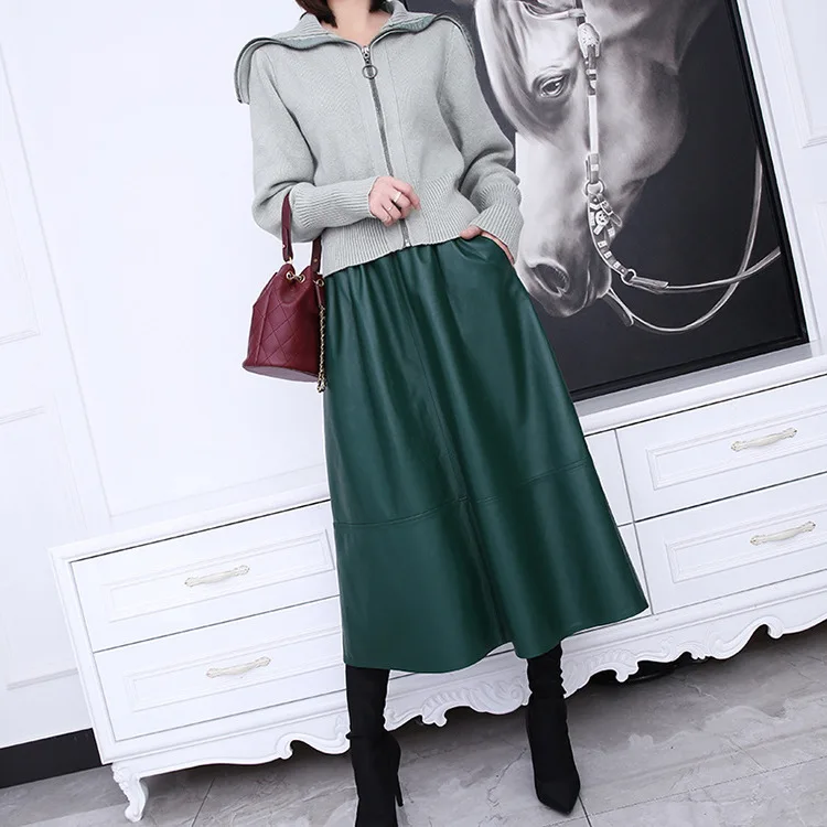 

casual Chic women's elastic waist leather a-line skirts spring autumn high quality genuine leather high-rise skirt C201
