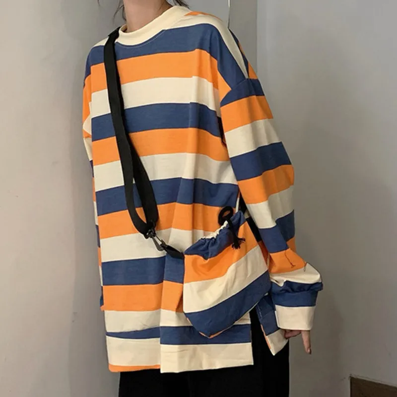 

Women Hoodies Sweatshirts Korean Cascual Striped Hooded Harajuku Sweet Streetwear Autumn Ladies Long Sleeve Tops
