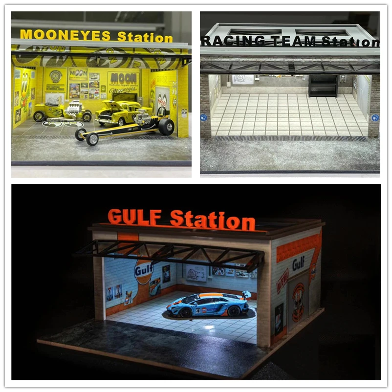 

BOB 1:64 Garage display sence Led light Diorama Gulf Station MOONEYES RACING TEAM for Model Car