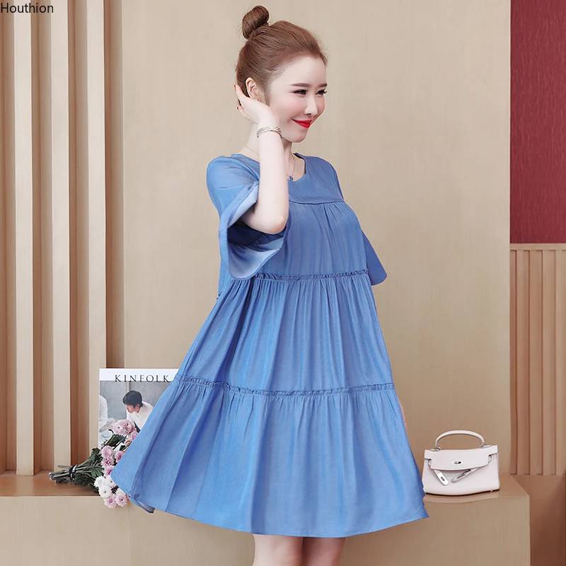 

Houthion Women's Oversized Dresses O-neck Solid Chiffon Plus Size Loose Dress A-LINE Knee-Length Summer New Fashion Casual