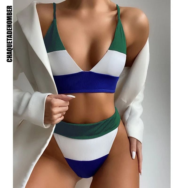 

Sexy Women's V-Neck Swimsuit High Waist Bikinis Patchwork Swimwear Biquini High Cut Bathing Suit 2021 Push Up Bikini Set Bikini