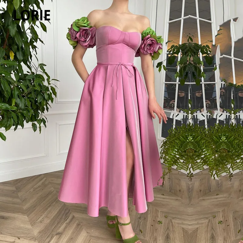 LORIE Pink Prom Dresses with Handmade Flowers A-Line Cap Sleeves Satin Short Wedding Party Gown With Pockets Evening Dress (0)