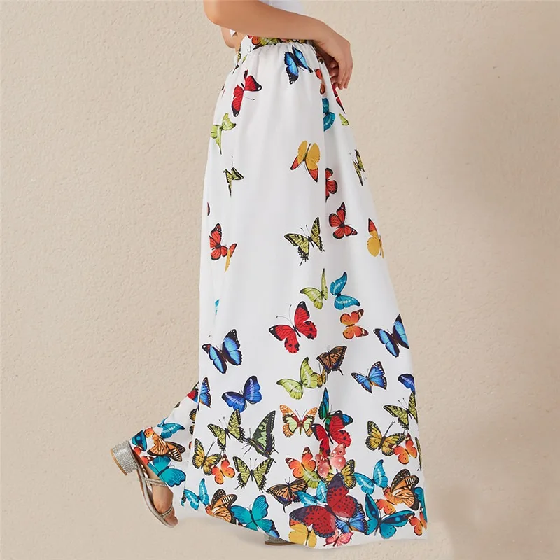 

High Waist Boho Print Long Skirt Women Maxi Skirt Butterfly Print Beach Skirt Female Chic Vintage 2020 Summer Skirt