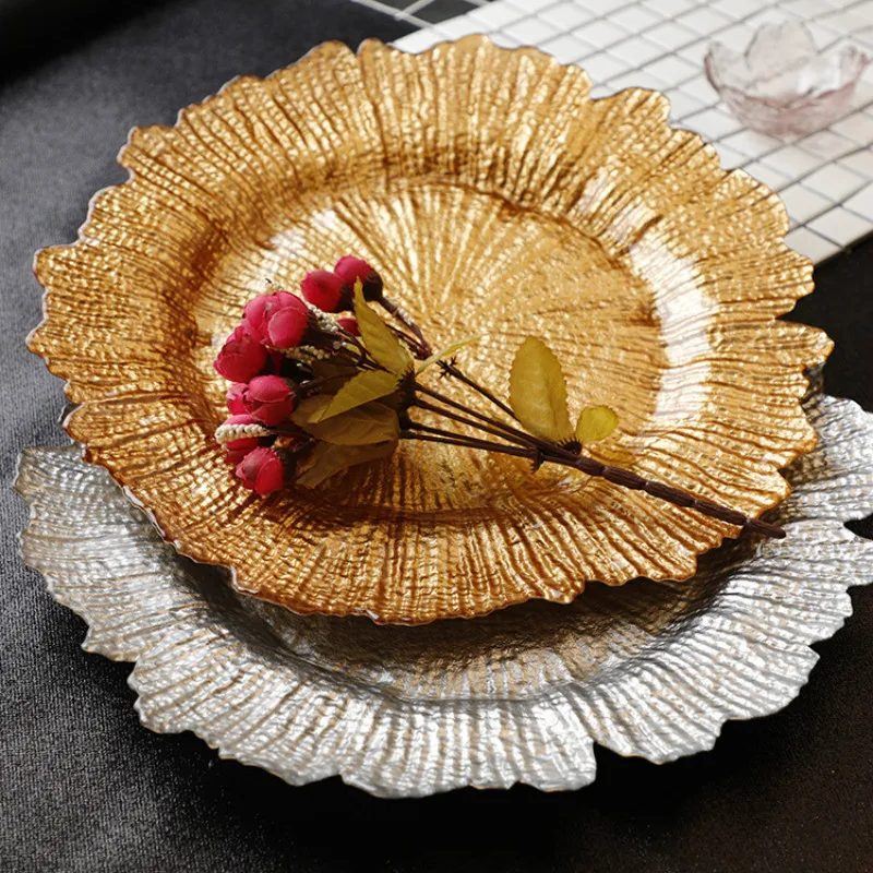 

European Creative Plating Gold Snow Glass Plate Color Lace Plate Fruit Snack Dessert Western Food Plate Set Grocery Storage Tray