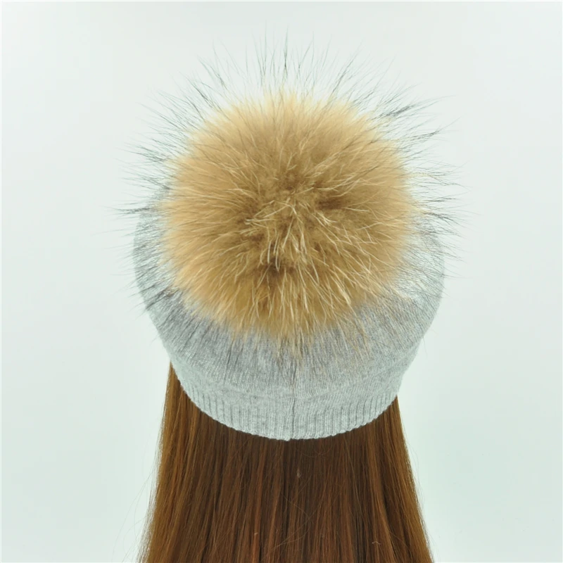 Real Fur Winter Hat Raccoon Fur Pom Pom Hats Shining Rhinestone For Women Brand Thick Women Hat Wholesale Knitted Beanies Cap