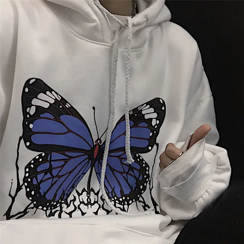 

Street ladies pullover butterfly print hoodie oversized Harajuku style hooded plus size winter couple sweatshirt ladies streetwe