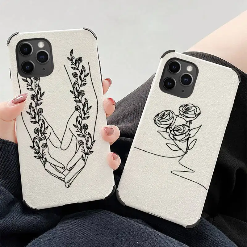 

Love yourself Flower Abstract Line Phone Case Lambskin Leather For iphone 12 11 8 7 6 XR X XS PLUS MINI PLUS PRO MAX Shockproof