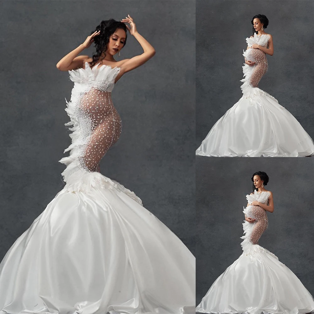 

Pearls Feather Plus Size Maternity Mermaid Prom Dresses Sleeveless Evening Dress Custom Made Floor Length Party Gown