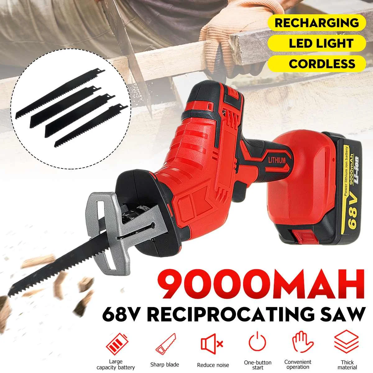 

68V 9000mAh Cordless Reciprocating Saw Wood/Metal Cutting Saw Saber Saw Portable Electric Saw Power Tool US Plug with EU Adapter