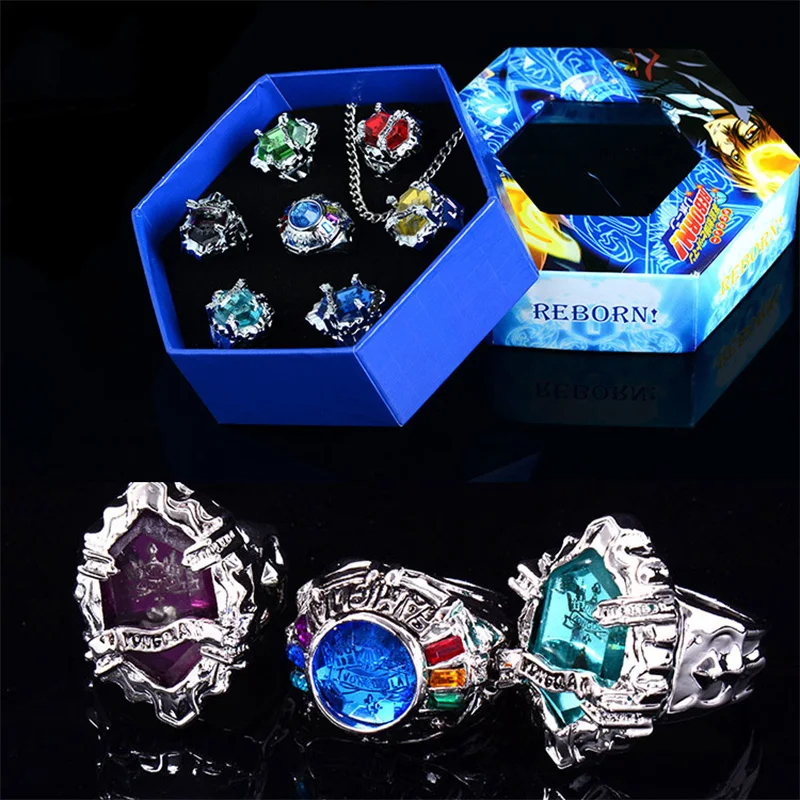 7pcs/set Anime Hitman Reborn Jewelry Ring Vongola family Varia XANXUS/Squalo/Marmo/Belphegor 7 keepers for Cosplay Accessories