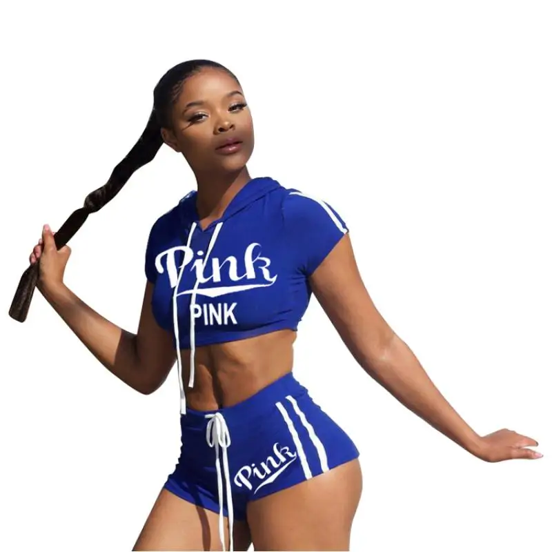 

2 Piece Outfits Female Tracksuit Hoodie Pink Letter Print Two Piece Set Women Short Sleeve Crop Top + Drawstring Shorts Sporting