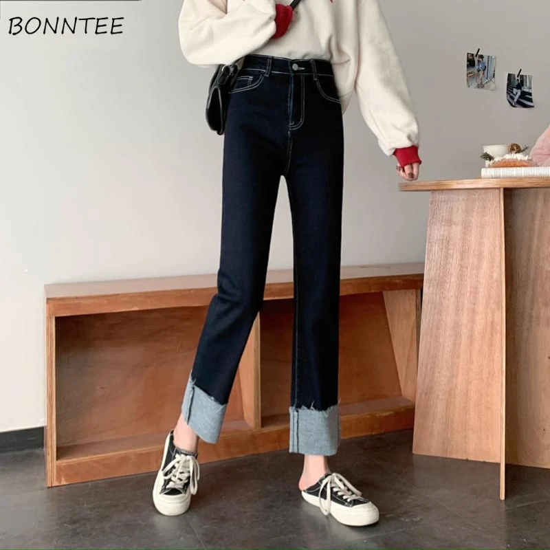 

Jeans Women Autumn Fashion Cuffs Full Length Vintage High Waist Pockets Korean Style Straight Baggy Denim Party Girls Street New