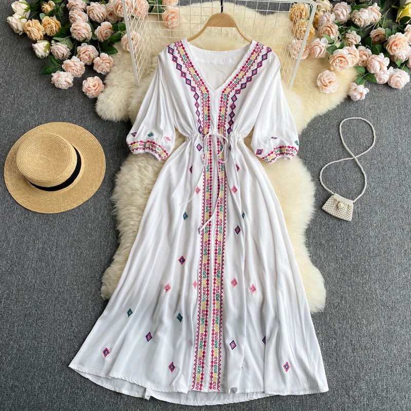 

Women Summer New Chiffon Dresses Bohemian Embroidered V-Neck Lantern Sleeve High Waist Pleated Dress All-match Female Vestidos