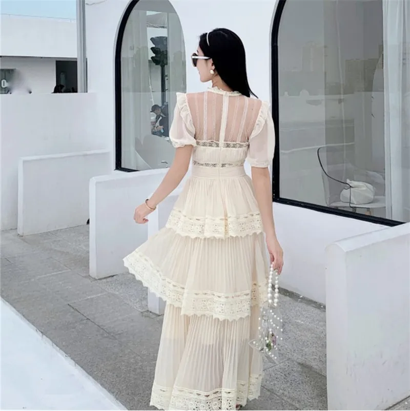 

CBAFU short sleeve summer pleated party dress women runway designer lace patchwork cake dress self portrait dresses M431