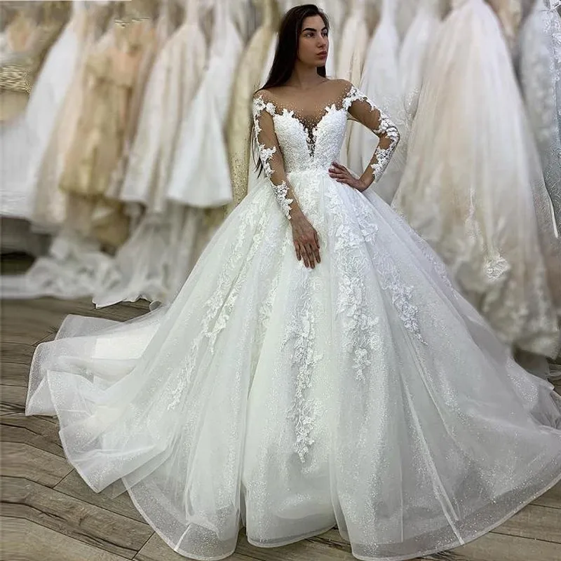 

Luxury Ball Gown Plus Size Lace Dresses for Wedding Party 2020 Scoop Long Sleeves Cathedral Train Beaded Bridal Gowns