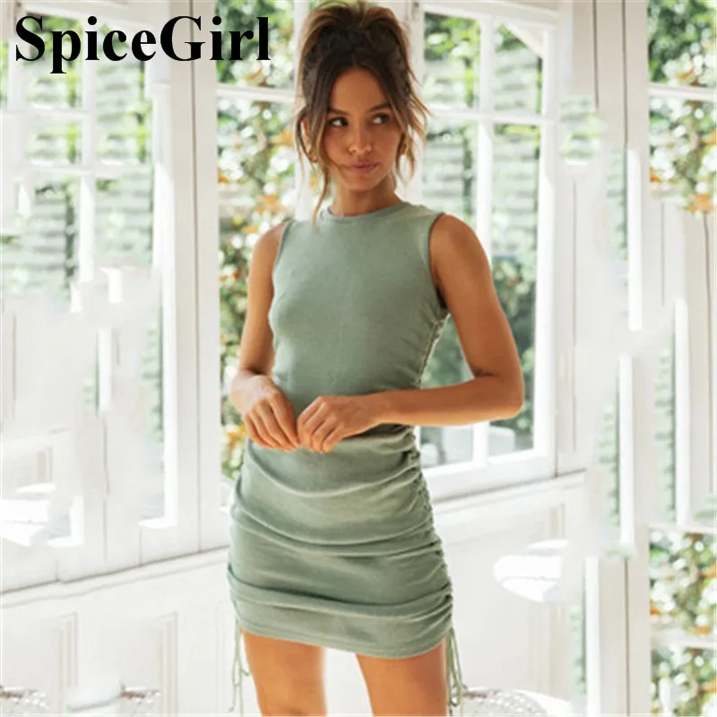 

SpiceGirl Cotton Ruched Drawstring Sexy Party Dress Women Sleeveless Elastic Mini Dress Vintage Summer Bodycon ClubWear Vestidos