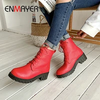 enmayer 2020 motorcycle boots round toe cool pu lace up winter boots women square heel short plush ankle boots for women 34 43