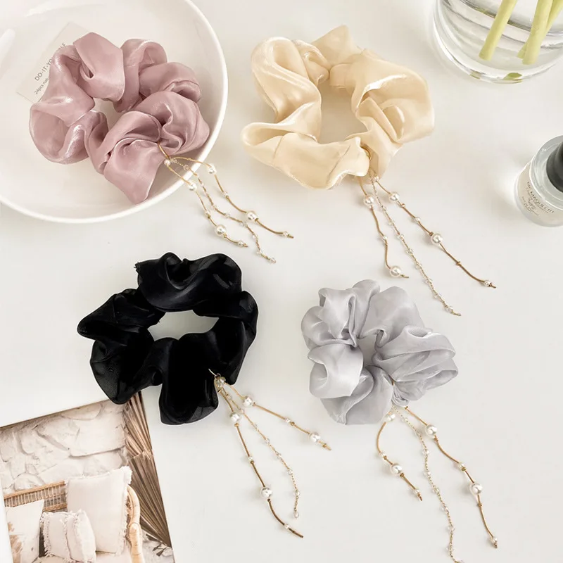 

New Girl Large Intestine Hair Ring Net Yarn Imitation Pearl Tassel Hanging Headdress Hair Tie for Women Fashion Hair Accessories