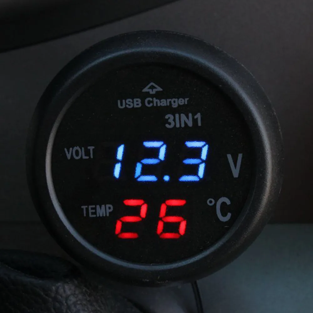 

Автомобильный термометр и вольтметр 3 в 1, USB-устройство для зарядки, двойной дисплей температуры и напряжения (красный, синий/красный и серый...