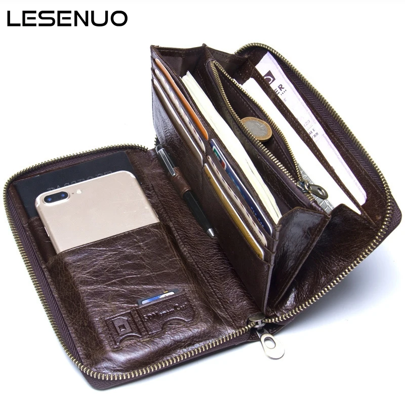 

LESENUO Genuine Brand Leather Men's Long Wallet with Phone Bag Business Handbag Men Credit Card Holder Zippers Coin Purse