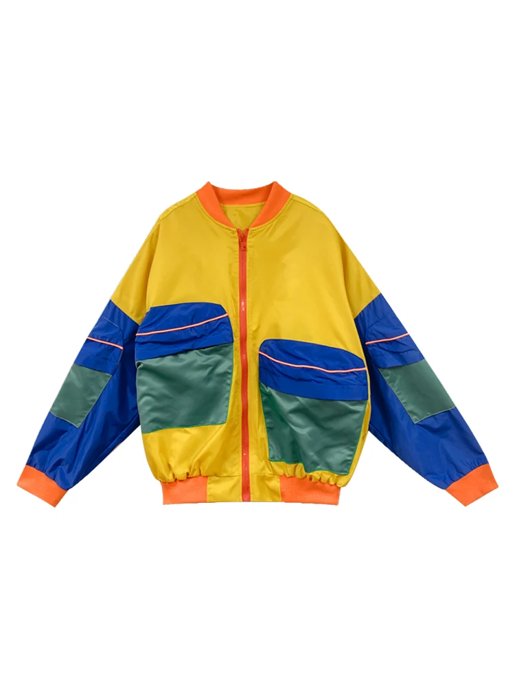 

2021 Spring Bomber Jacket Stand-up Collar Casual Small Baseball Top Yellow Handsome Big Pockets Street Outerwear