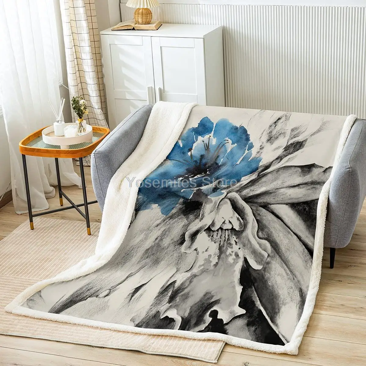 

Blue Flower Fleece Blanket,Watercolor Ink Painting Throw Blanket for Adult Young Gift,Floral Theme Grey Botanical Lightweight Po