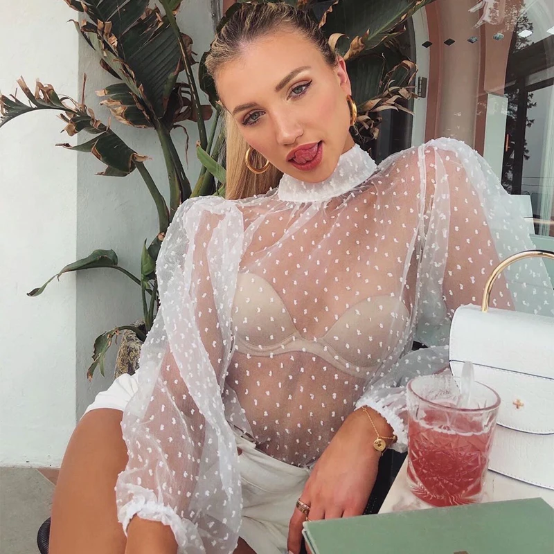 Сезонов из сетки в точечный фонарь с длинным рукавом высоким плотно облегающим