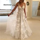 Красивое пляжное свадебное платье 2022 с V-образным вырезом и цветами, кружевное свадебное платье с открытой спиной, женское платье