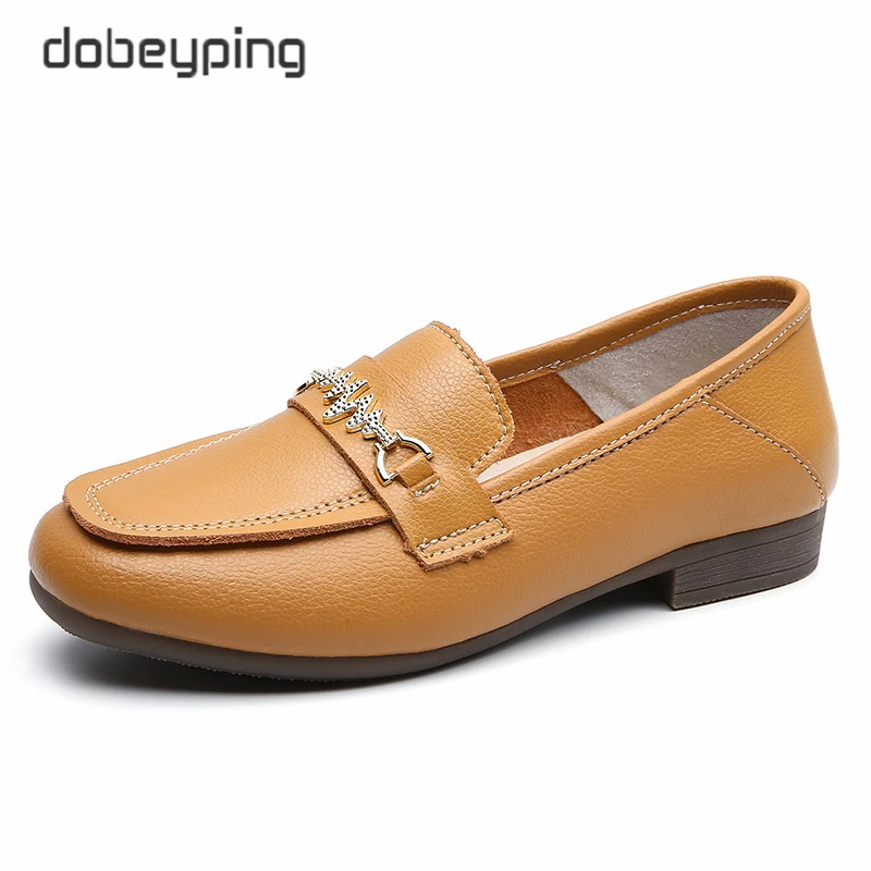 Spring Autumn Genuine Leather Shoes Woman Slip On Women's Flats Round Toe Female Loafers Soft Fashion Metal Outdoor Ladies Shoe