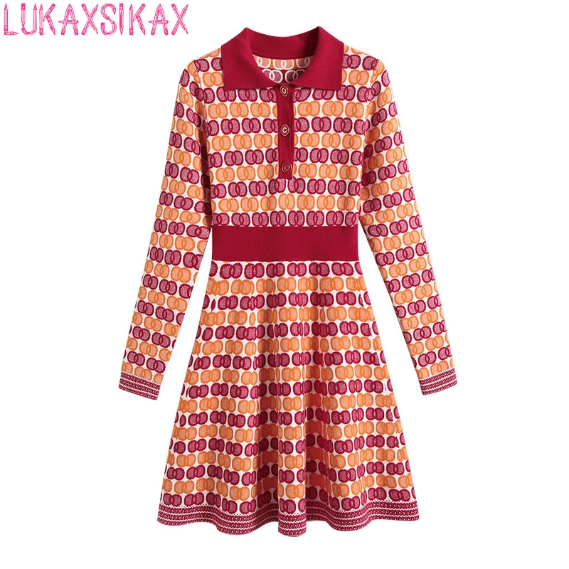 

LUKAXSIKAX New Spring Autumn Women Long Sleeve Slim Mini Dress Fashion Color-blocked Geometric Patterns Knitted Dress