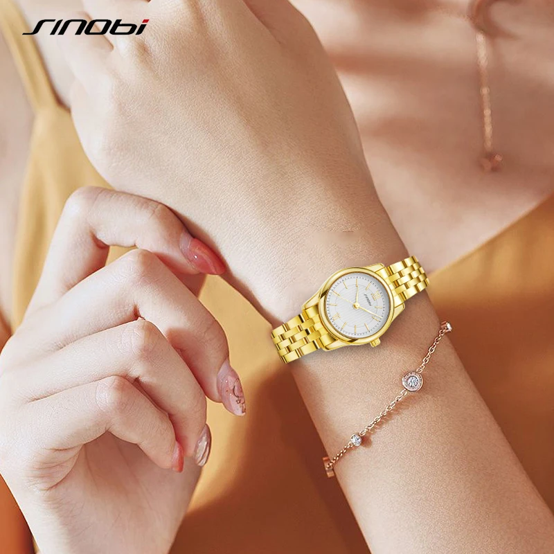 

SINOBI Fashion Women Golden Watches Quartz Stainless Steel Watch Female Simple Waterproof Wristwatch Ladies Clock reloj mujer