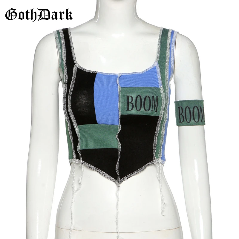 Женский укороченный топ без рукавов Goth Dark модный в стиле пэчворк с надписью